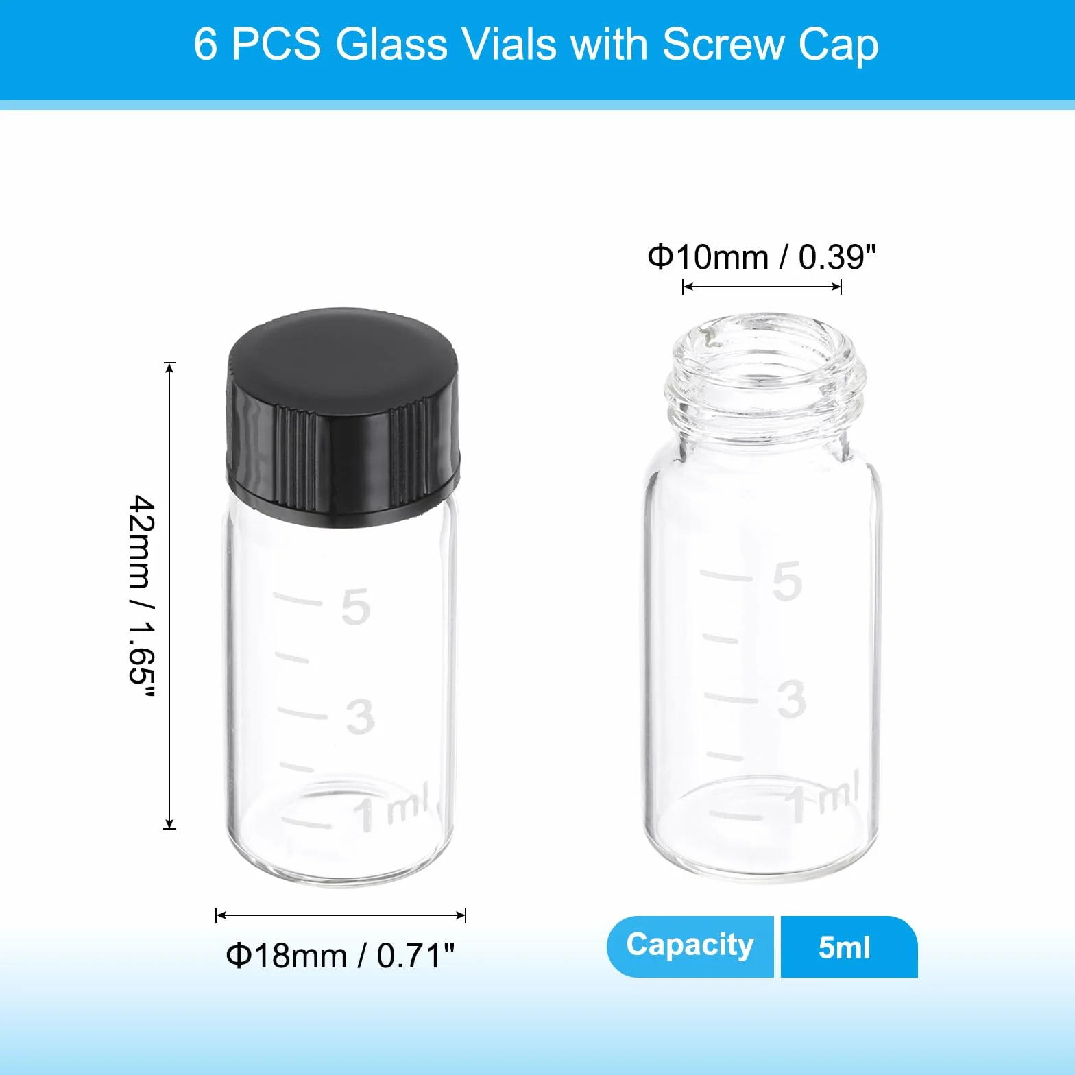 PATIKIL 6Pcs 5ml Viales de Vidrio Transparente con Tapa de Rosca Negra, Botellas de Muestra Graduadas de Vidrio Borosilicato