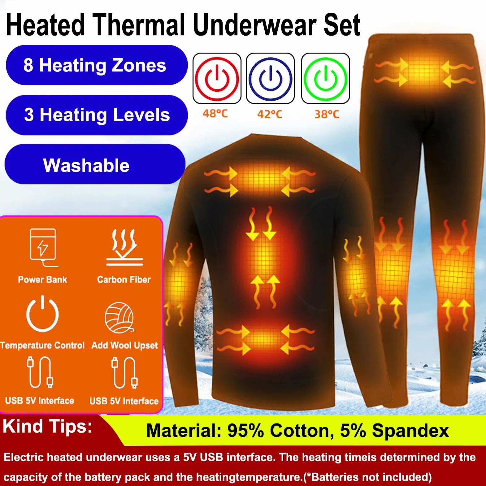 Conjunto De Ropa Interior Térmica con Calefacción para Hombre, Conjuntos Térmicos Camiseta Y Pantalón con 3 Niveles De Calefacción Y Carga USB, para Esquí, Camping, Motor Y Montañismo,3XL,Blue