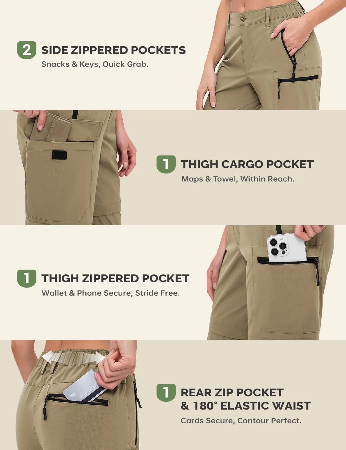 Cycorld Pantalones de senderismo para mujer, pantalones de trekking, transpirables, elásticos, pantalones de trekking desmontables, con cremallera, para verano, pantalones funcionale