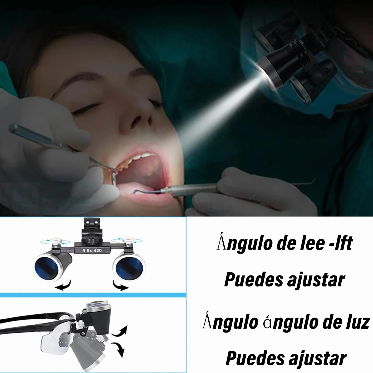 Lupas dentales binoculares con luz 3.5x 420 mm distancia interpupilar ajustable