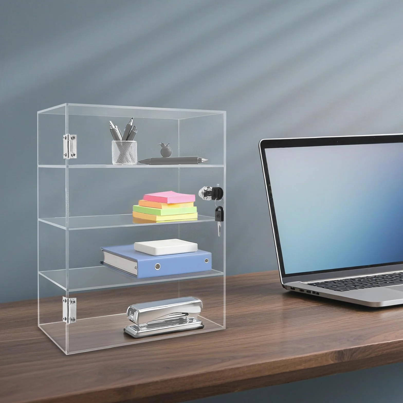 Vitrina acrílica con cerradura, expositor transparente a prueba de polvo, 30 x 15 x 40 cm, 4 niveles