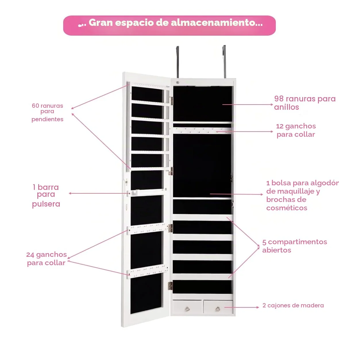 GIANTEX Armario Joyero con Luz LED, Armario de Joya con Espejo de Cuerpo Entero, Montado en la Puerta o en la Pared, Espejo Joyero con Cerradura, Organizador para Joyas, Pendientes, Collares (Blanco)
