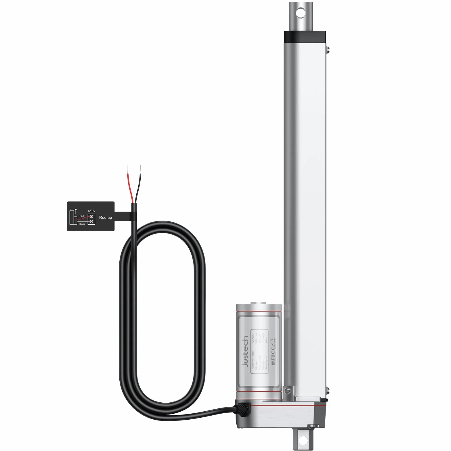 Justech Motor Actuador Lineal 250mm 12V DC 1500N 10mm/s IP65 Impermeable Aluminio Plateado