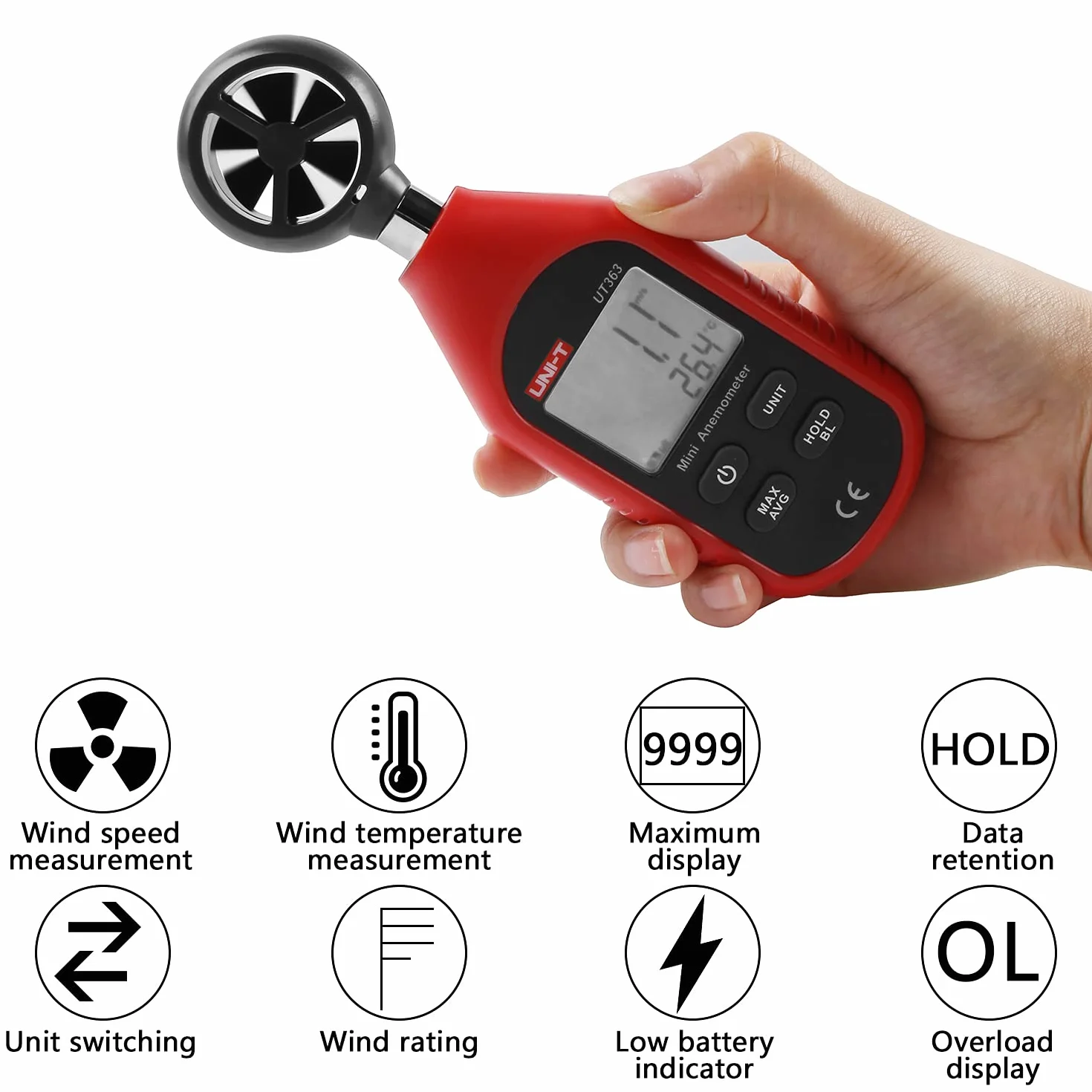 UNI-T UT363 Anemómetro Digital Portátil Pantalla LCD Medidor Velocidad Viento Aire