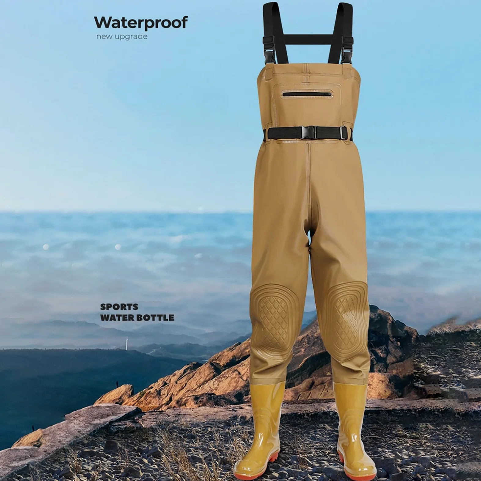 Pantalones de vadeo impermeables para hombre con botas - Pantalones largos de trabajo para hombre con bolsillos, pantalones de peto de color sólido, impermeable, mameluco ajustable para pesca, granjas