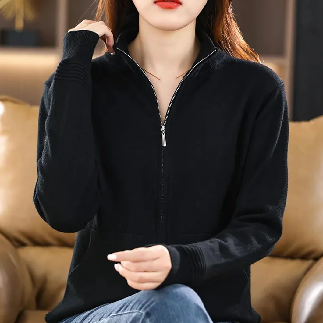Alloaone Suéter De Lana para Mujer Cárdigan con Doble Cremallera Tops De Punto Casuales