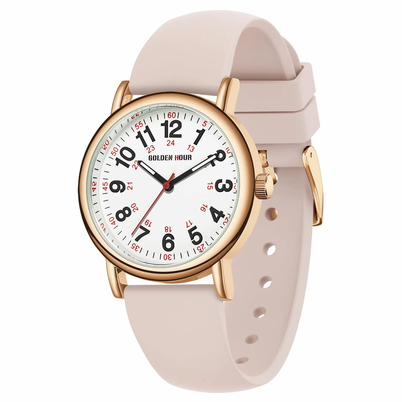 GOLDEN HOUR Reloj de Enfermera Impermeable para Profesionales Médicos, Estudiantes, Mujeres y Hombres, Esfera Luminouse Fácil de Leer, 24 Horas con Segunda Mano, Correa de Silicona