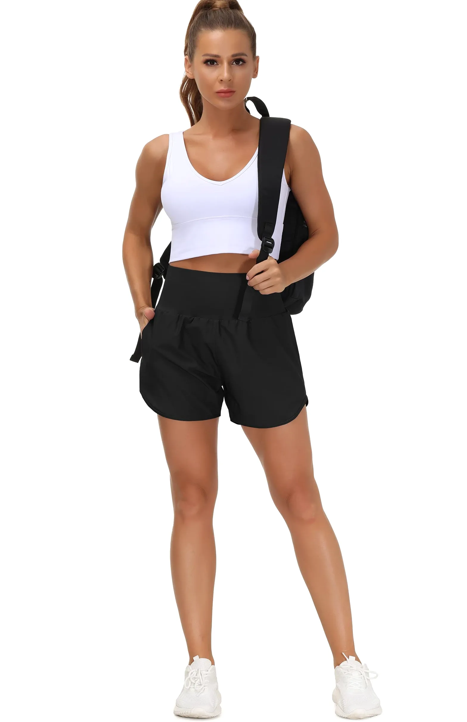 THE GYM PEOPLE Pantalones cortos de correr de cintura alta para mujer con forro atlético para senderismo, entrenamiento, bolsillos con cremallera