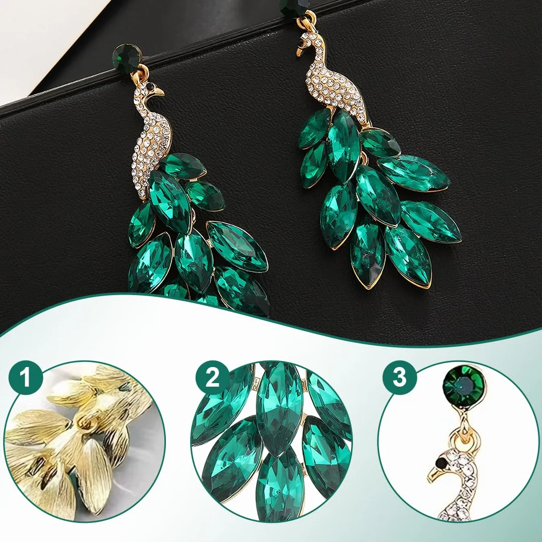 1 par de pendientes de mujer con borlas Pendientes de pavo real de cristal Boho con cuentas en cascada Aretes de gota con flecos, verde