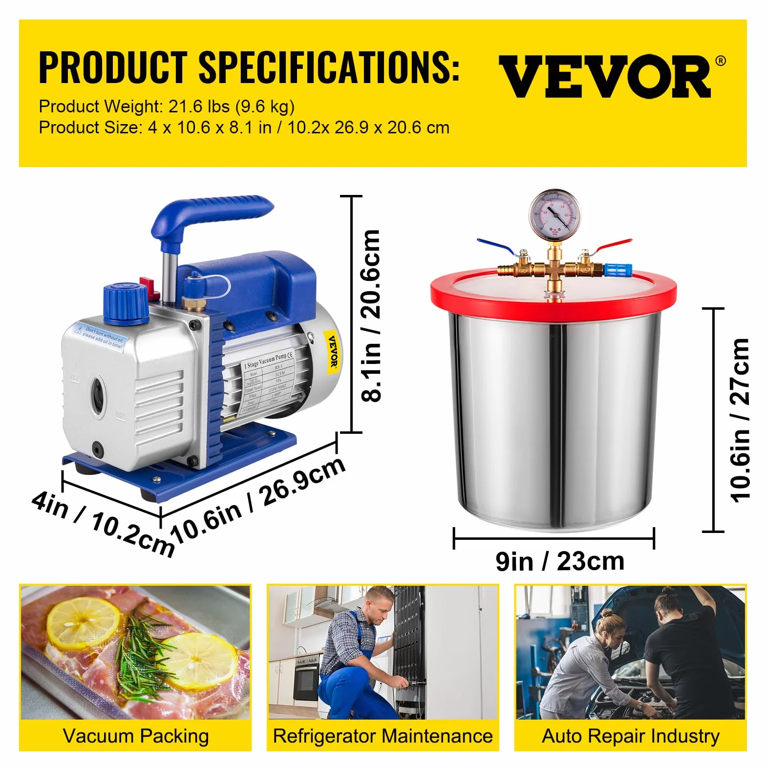 VEVOR Bomba de Vacío 3 CFM 1/4 HP 12 L 1720 RPM 220V Carcasa de Aleación de Aluminio