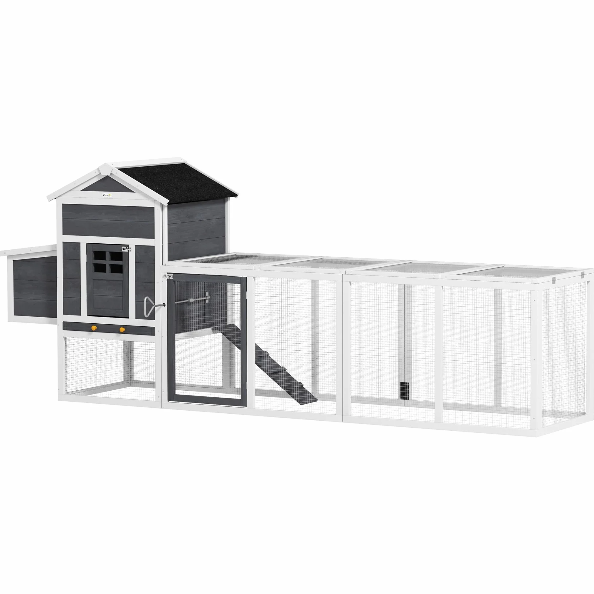PawHut Gallinero Exterior Madera Grande 297,5x68x118 cm para 3-6 Gallinas con Nido Corral Bandeja Extraíble Techo Asfáltico Gris Blanco