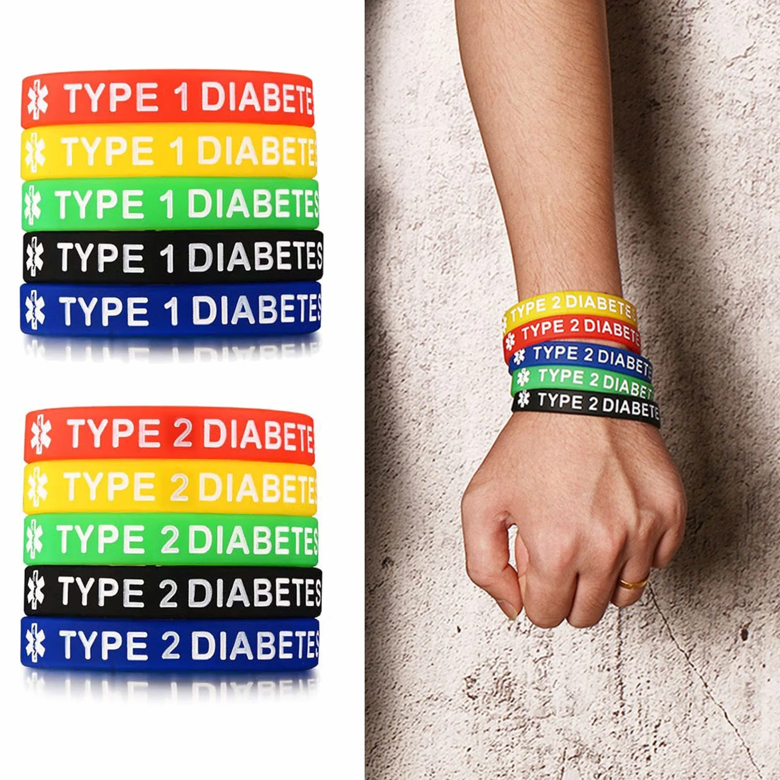 Pulseras de silicona para diabéticos tipo 1/2, impermeables, 7.5 pulgadas, unisex