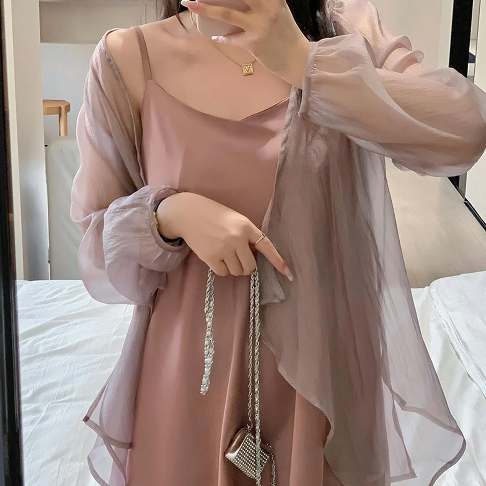 Ropa de Verano para Mujer de Talla Grande, cárdigan Ligeramente Transparente para niña Gorda + Conjunto de Falda con Tirantes - raíz de Loto Rosa - 4XL