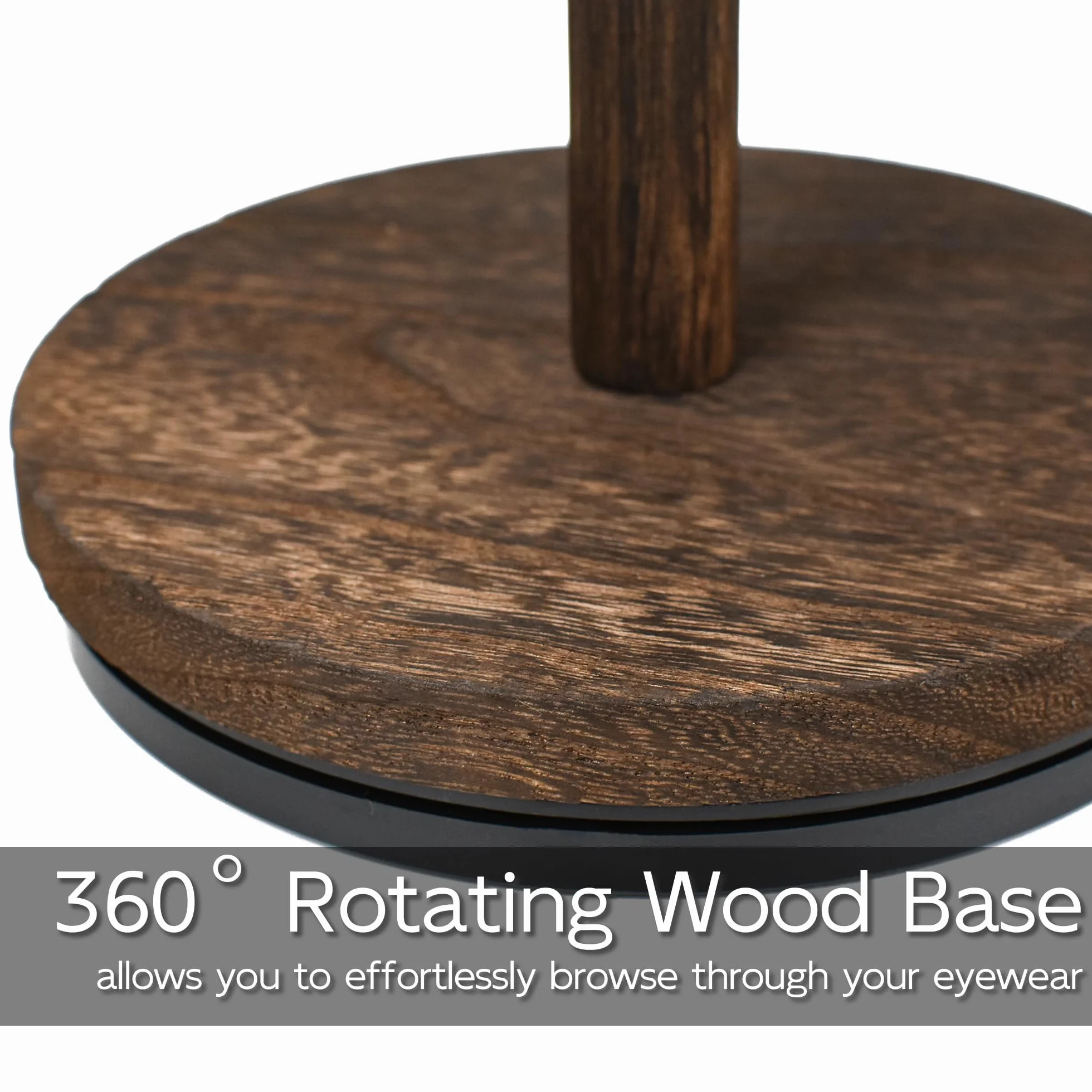 Organizador giratorio 360° para gafas de sol con bandeja de madera y base de vidrio, expositor de almacenamiento múltiple para mesa