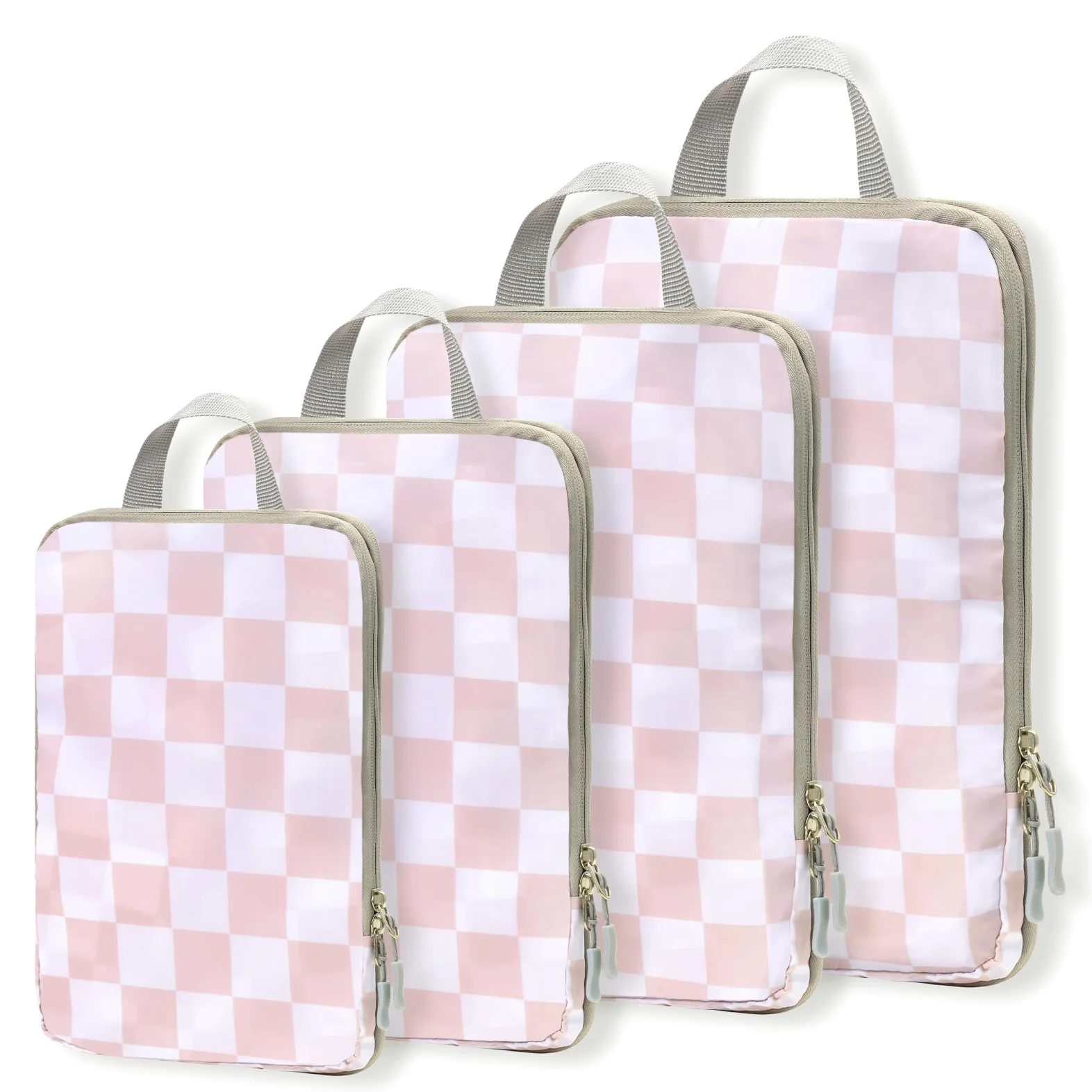 WOOMADA Cubos de compresión para maletas, esenciales de viaje, juego de 4 bolsas de viaje expandibles, organizador para equipaje (tablero de ajedrez rosa)