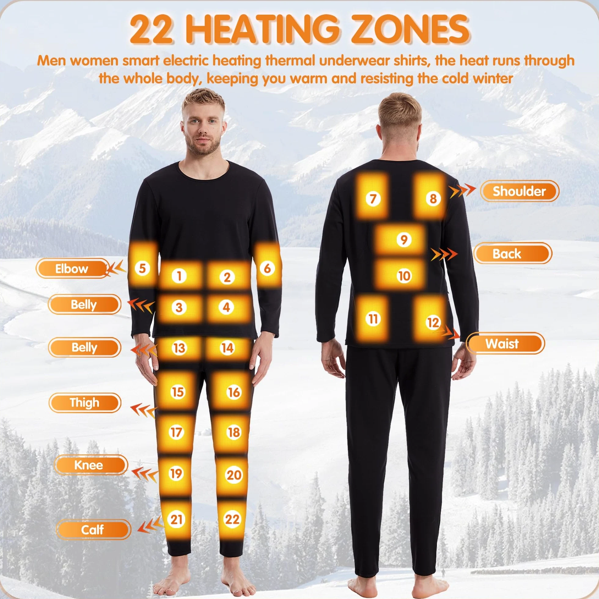 Ropa Interior de calefacción para Hombres, Recargable calentado Largo John Conjunto Forrado Polar Caza térmica Camiseta y pantalón