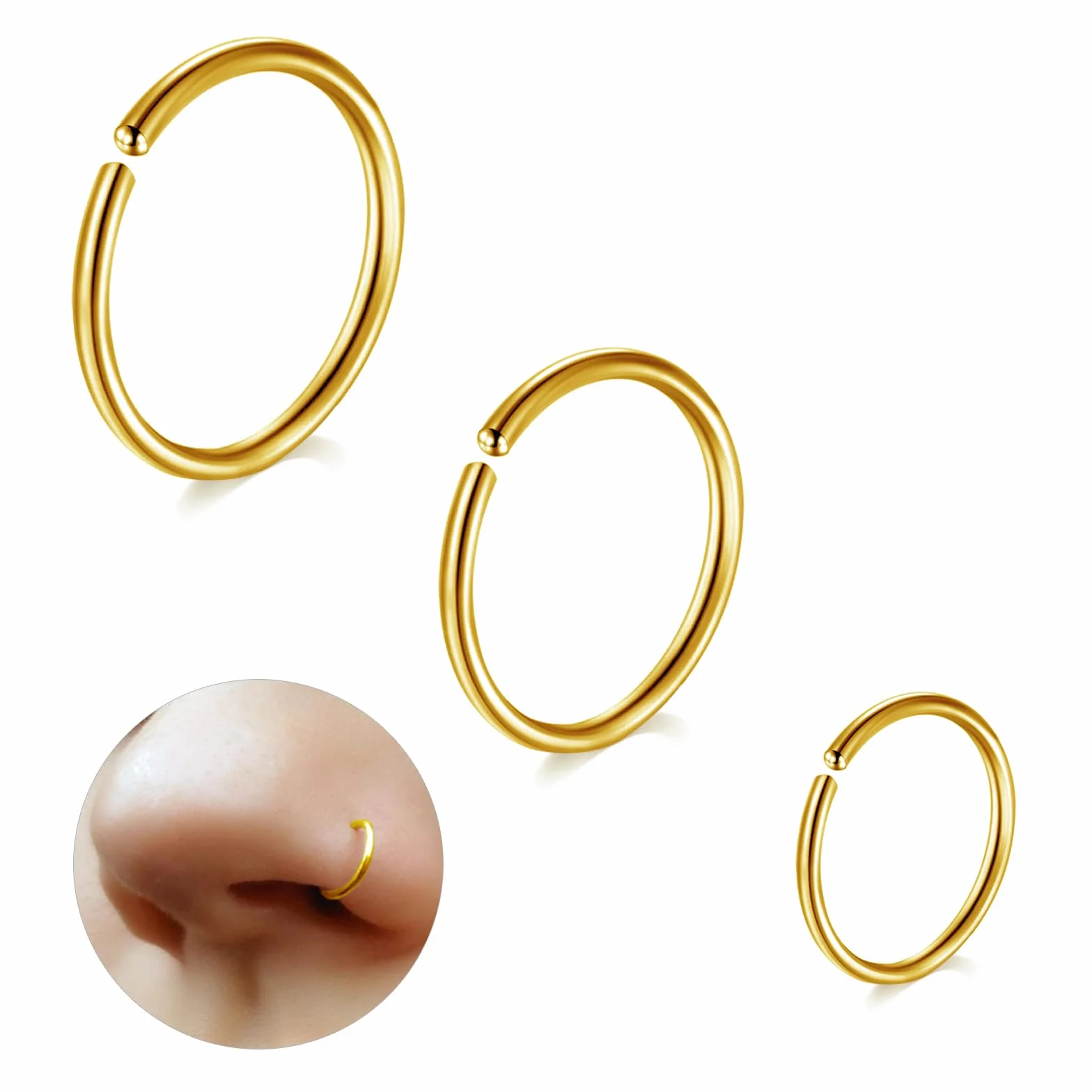 G23 Titanio Piercing Nariz Aro Negro Cartílago Oreja Delgado Pequeño Septum Helix Concha Anillos de Piercing Tragus 18G 20G Espesor 6MM/8MM/10MM Oro Plata 3 Piezas Nostril Piercing joyería