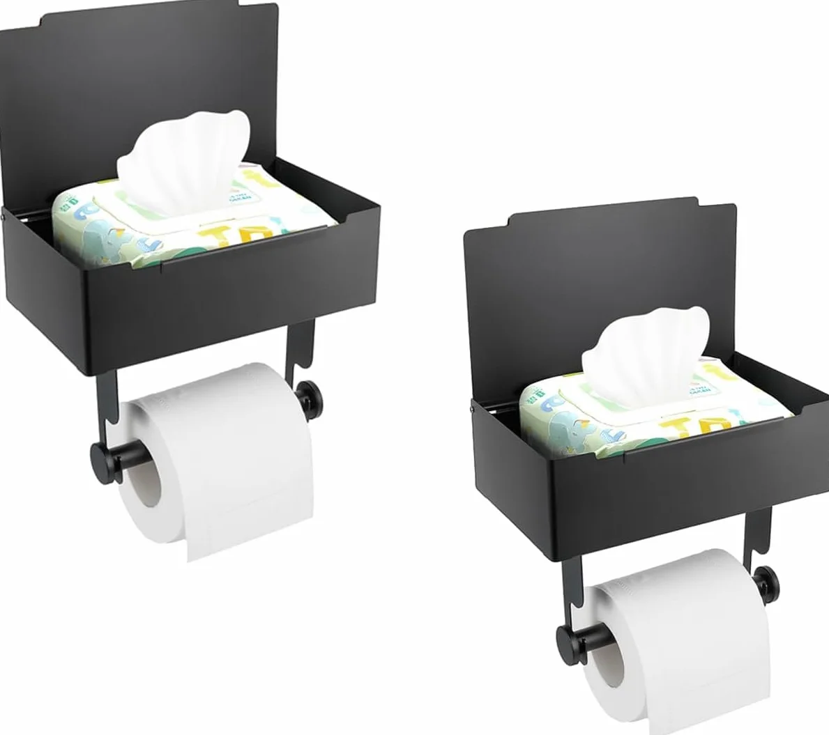 Portarrollos de papel higiénico negro con estante para toallitas y almacenamiento