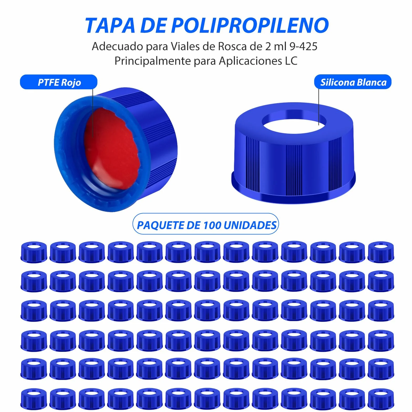 Frascos HPLC de 2 ml, 9-425, Viales Claro con Tapón de Rosca, PTFE Rojo y Septa de Silicona Blanca, 100 Pacs