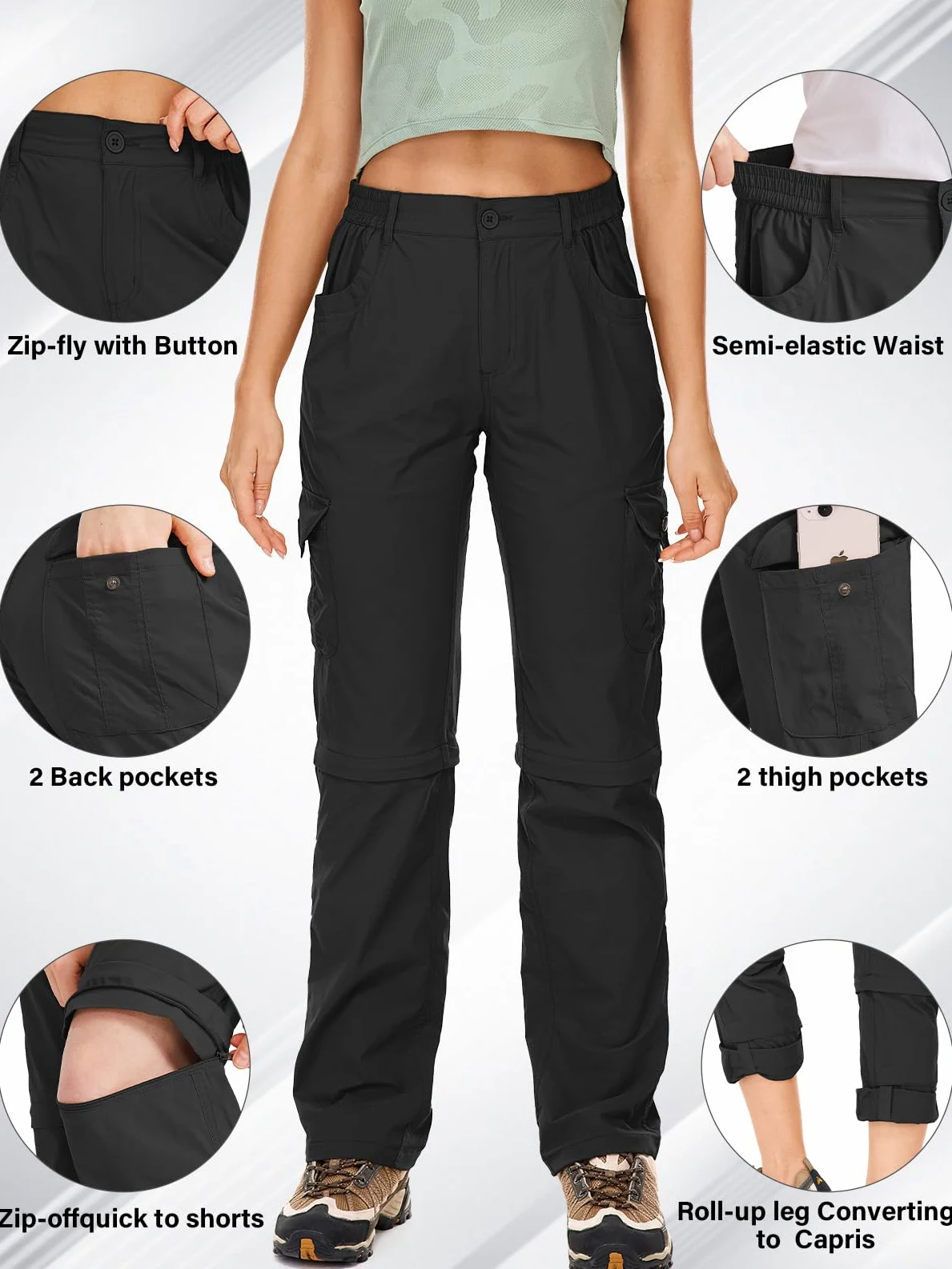 Walking Trousers Women Cargo Pants Waterproof Summer Quick Dry Convertible Stretch Outdoor Casual UPF 50 Hiking Zip Off