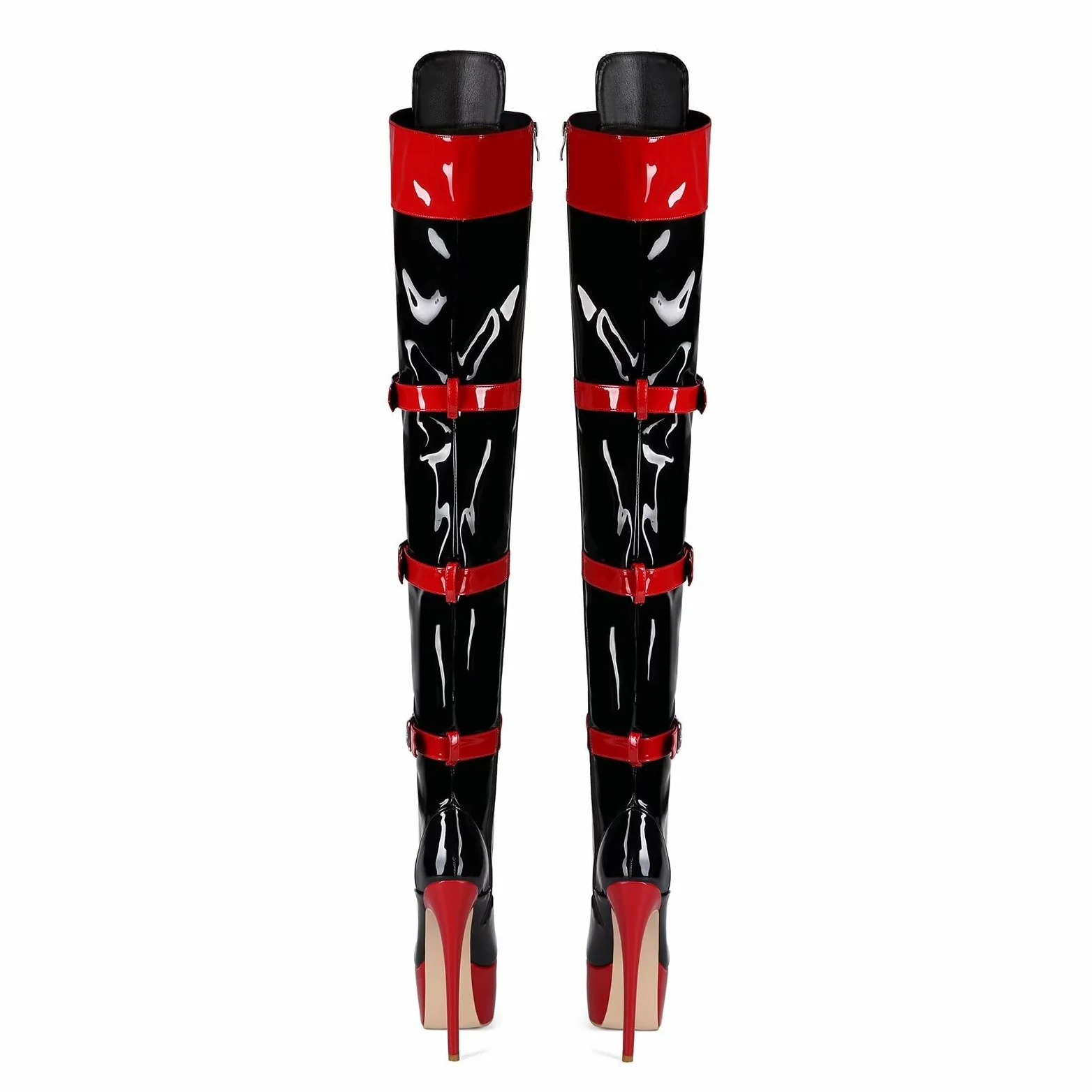 Frankie Hsu Botas largas de tacón alto con plataforma de aguja sexy por encima de la rodilla, cinturón de cinta de charol negro y rojo, ajustable, muslo, talla grande US5-19, zapatos para mujeres y