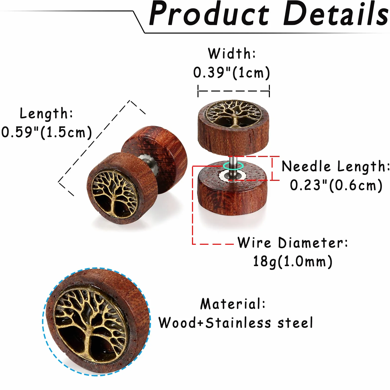 Flongo - Pendientes de acero inoxidable, madera, retro, árbol de la vida, león, cabeza de fantasía, pendientes de color marrón para hombre y mujer