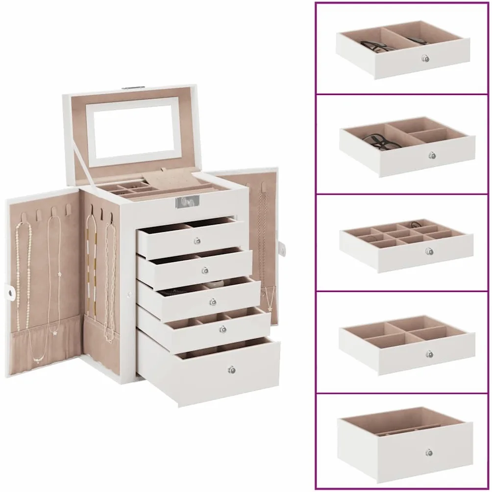 Joyero de 6 capas blanco con espejo y forro interior de terciopelo, se puede cerrar, 26 x 15,5 x 32 cm, con soporte para pendientes, caja de reloj, soporte para cadena, organizador para