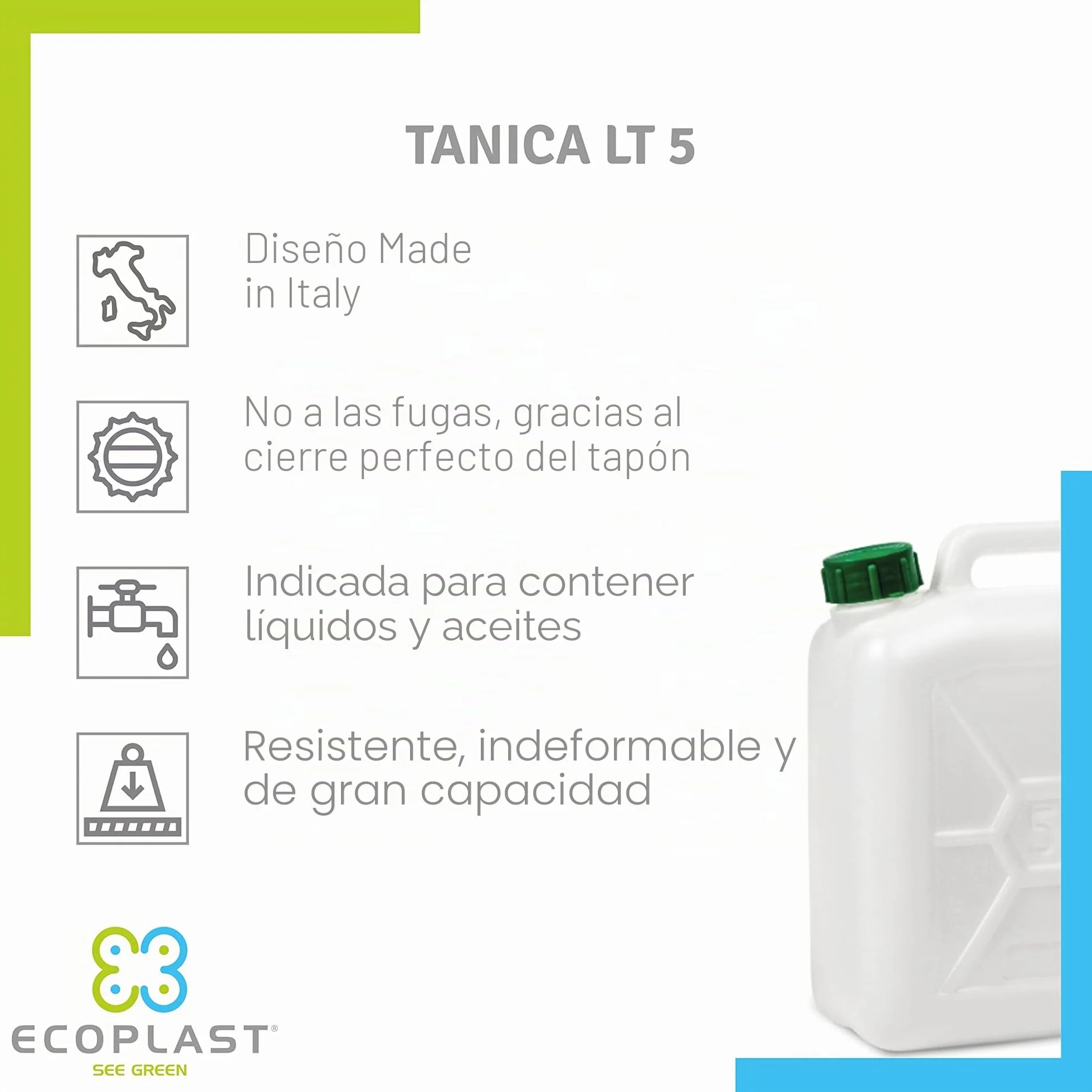 Ecoplast Bidón plástico transparente 5 litros almacenamiento líquidos cierre hermético