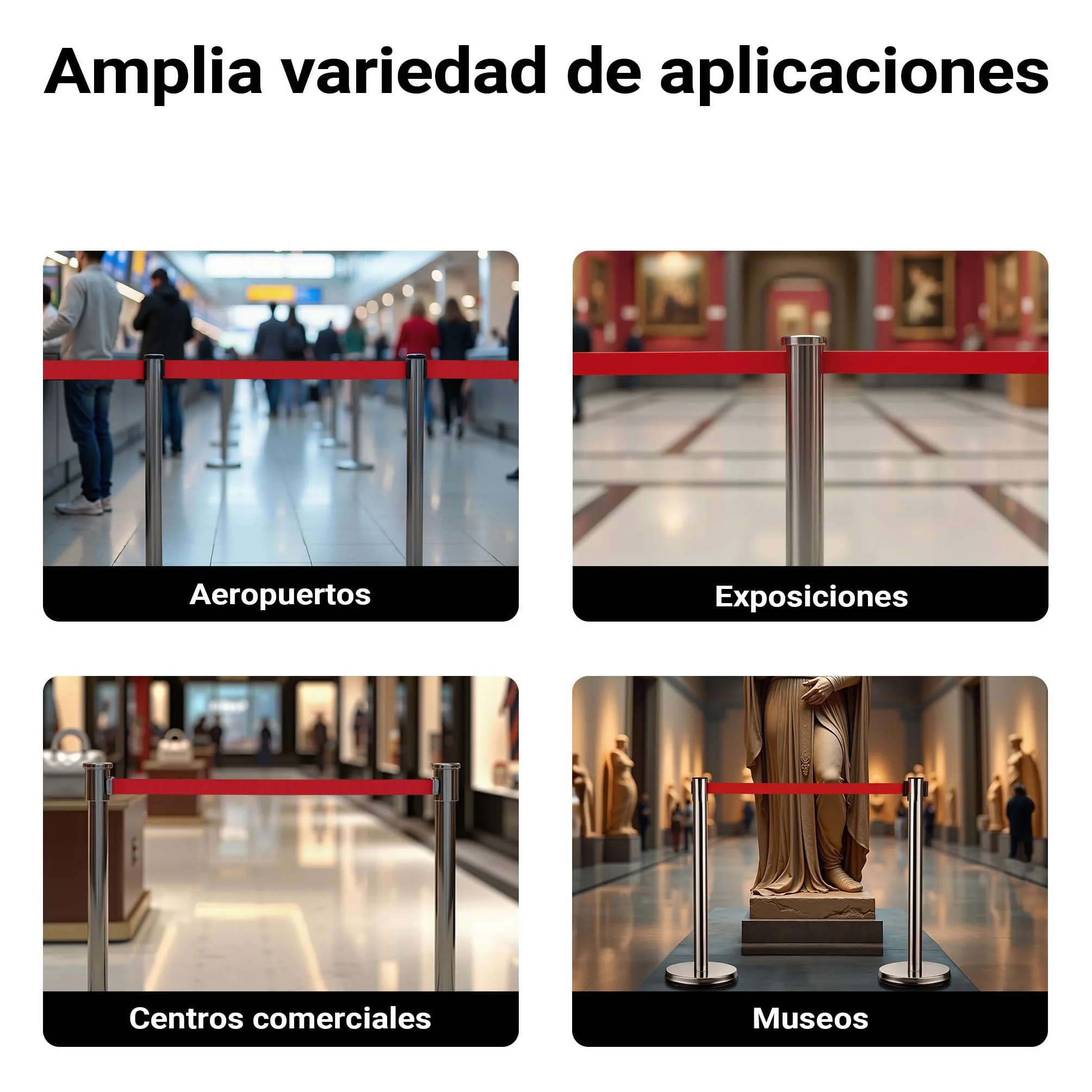 Wiltec Juego de 2 postes separadores con cinta retráctil roja 200 cm, acero inoxidable