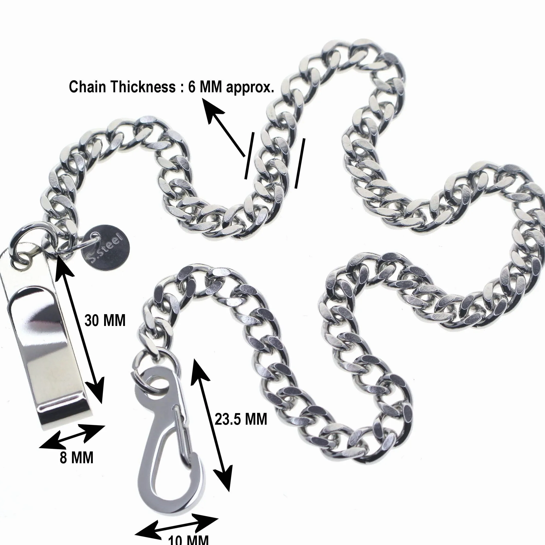 Cadena de reloj de bolsillo de acero inoxidable con cadena de eslabones de acero, clip de cinturón de acero y cierre de pulido de acero FCS90, Silver