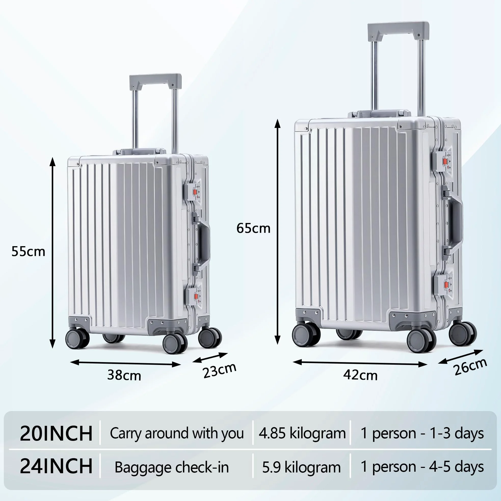 Simcat - Equipaje de mano de aluminio con ruedas giratorias, aprobado por aerolíneas, ligero, con candado TSA y ruedas silenciosas, carcasa dura, para viajes de negocios, Silver, 20in/55cm,36L