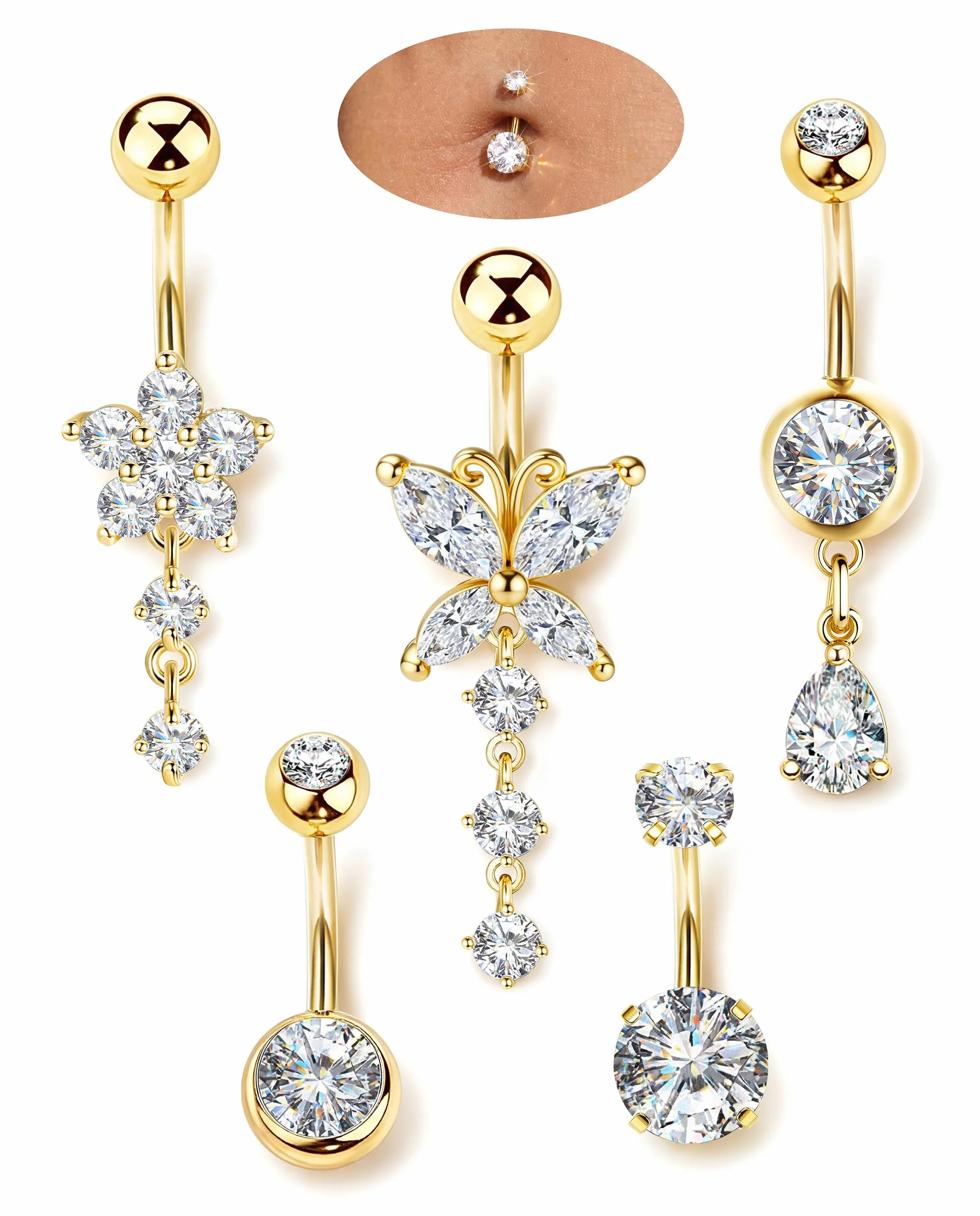 ORAZIO 5 Pares Dorado Piercing Ombligo Acero Quirurgico 10MM Plata Belly Piercing para Mujer Hipoalergénico Mariposa Circón Piercing Ombligo para Mujer