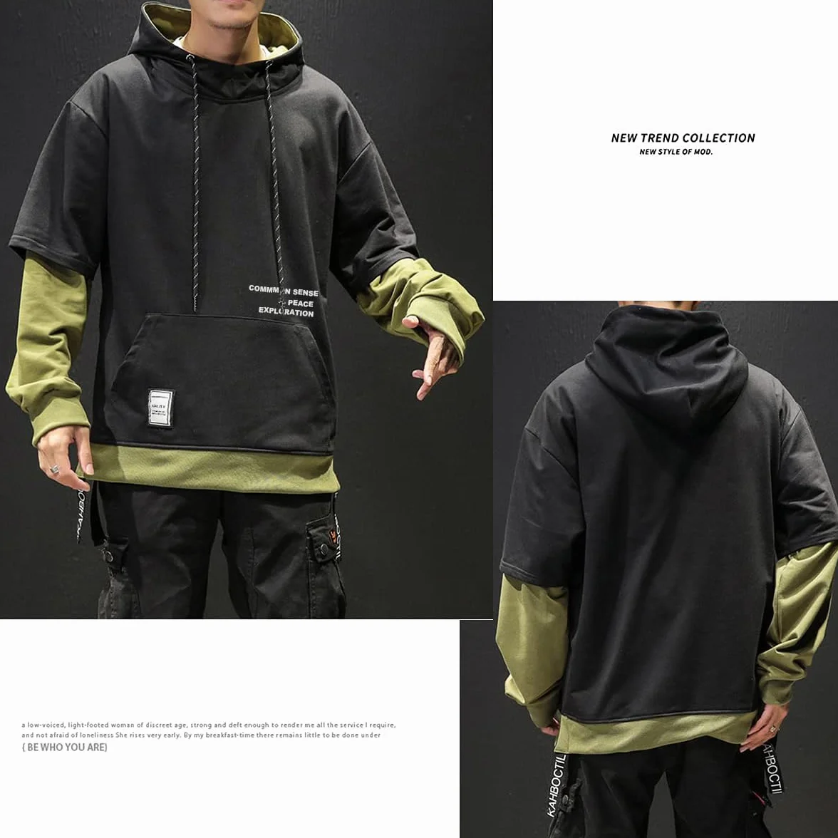 Moshtashio Sudadera con Capucha para Hombre Contraste Color Pullover Patchwork Manga Larga Hoodie Casual