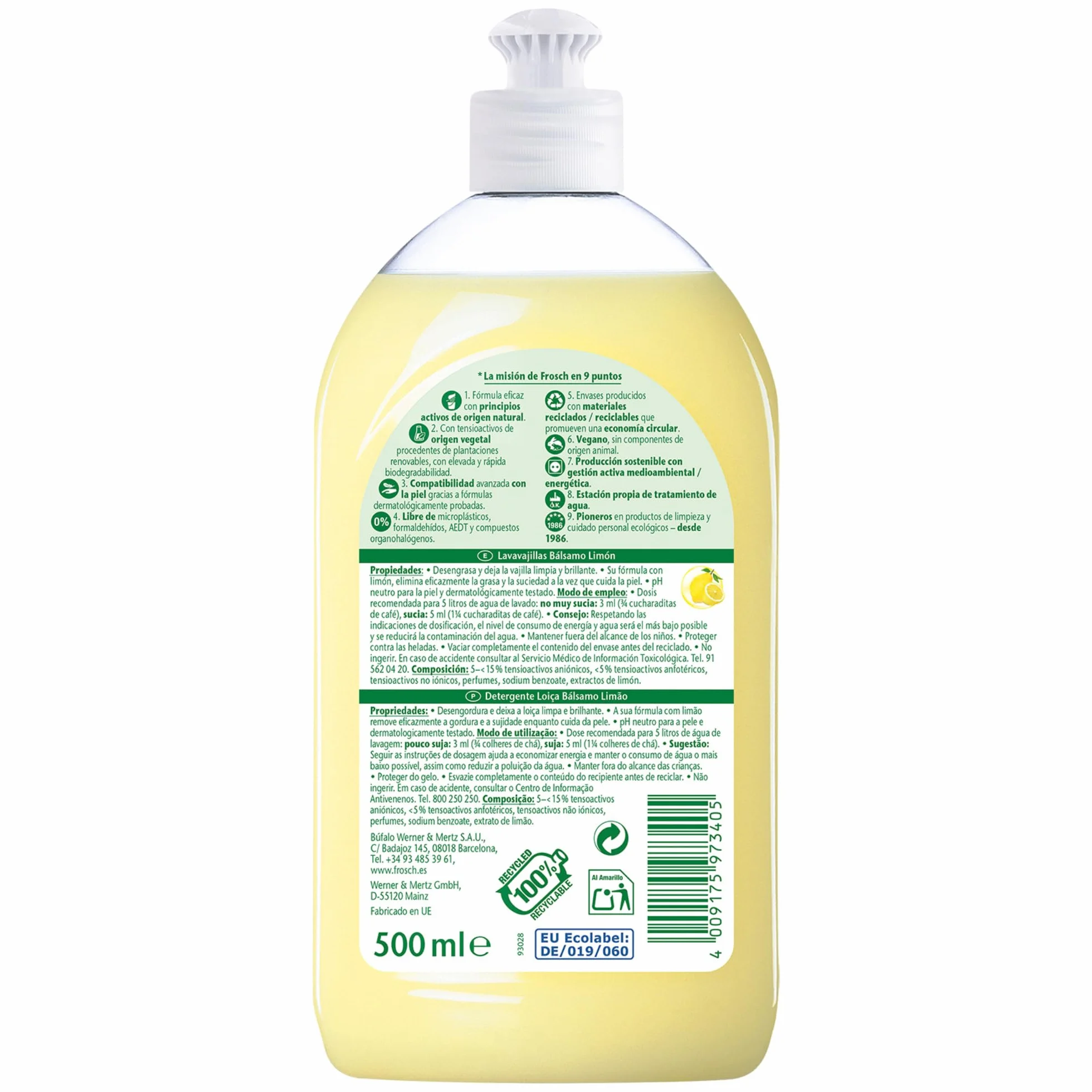 Frosch Lavavajillas a Mano Líquido Ecológico Limón 500ml PH neutro