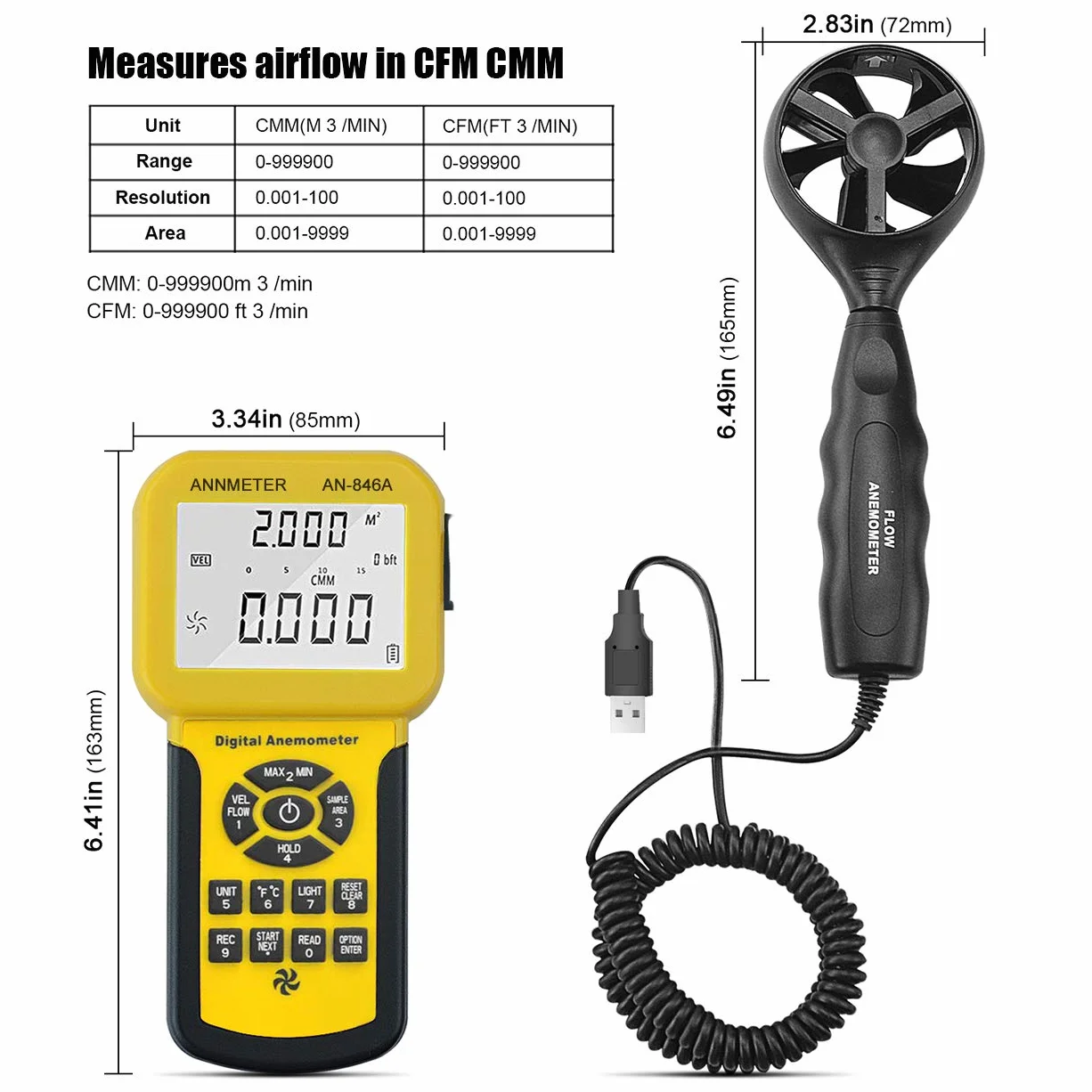 AIOMEST AI-846A Anemómetro Digital de Mano CFM Medidor de Velocidad del Viento con Max/Min/Avg Temperatura HVAC