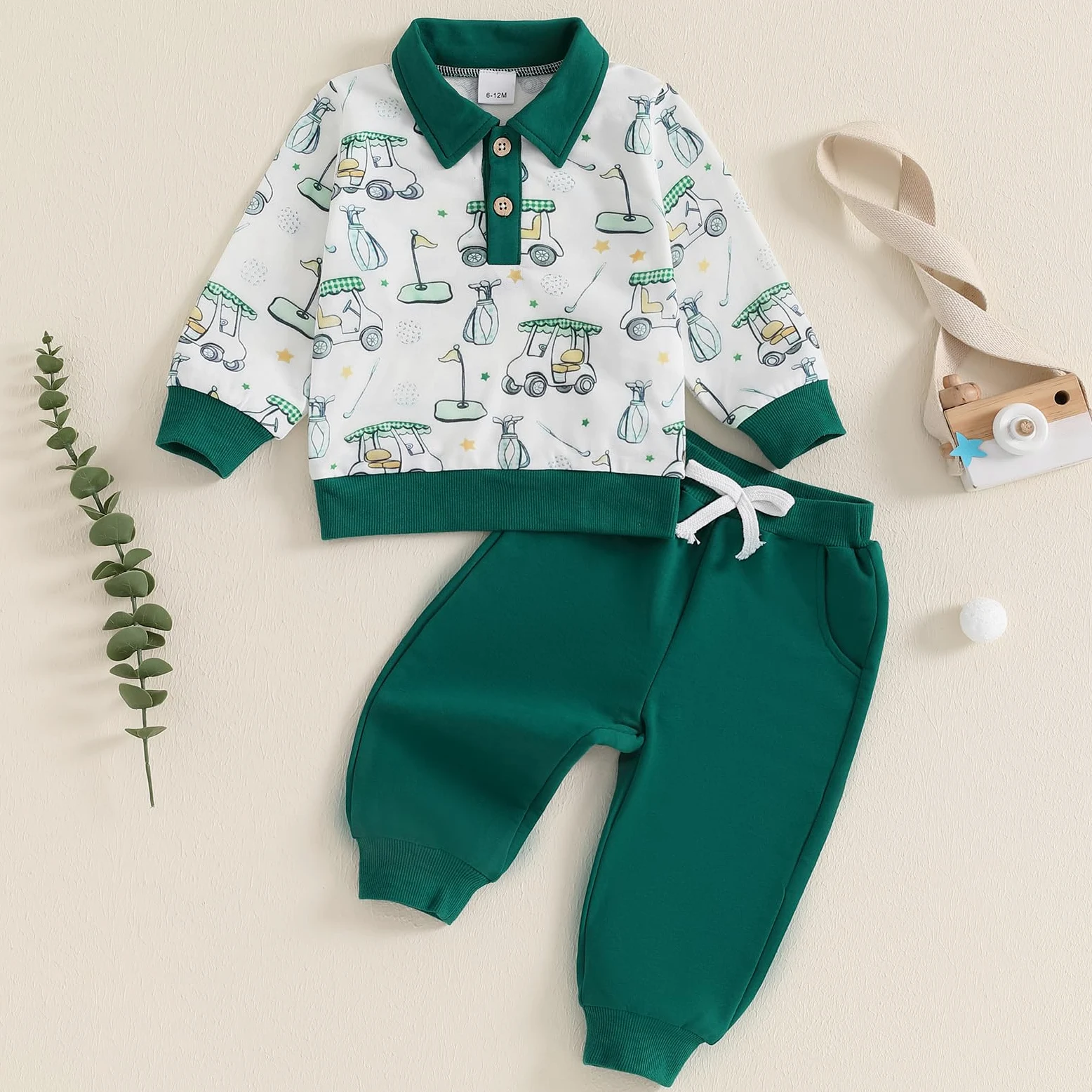 Chloefairy Conjunto de 2 piezas de ropa de otoño para niños pequeños con estampado de carrito de golf, sudadera tipo polo y pantalones largos, 6M-4T