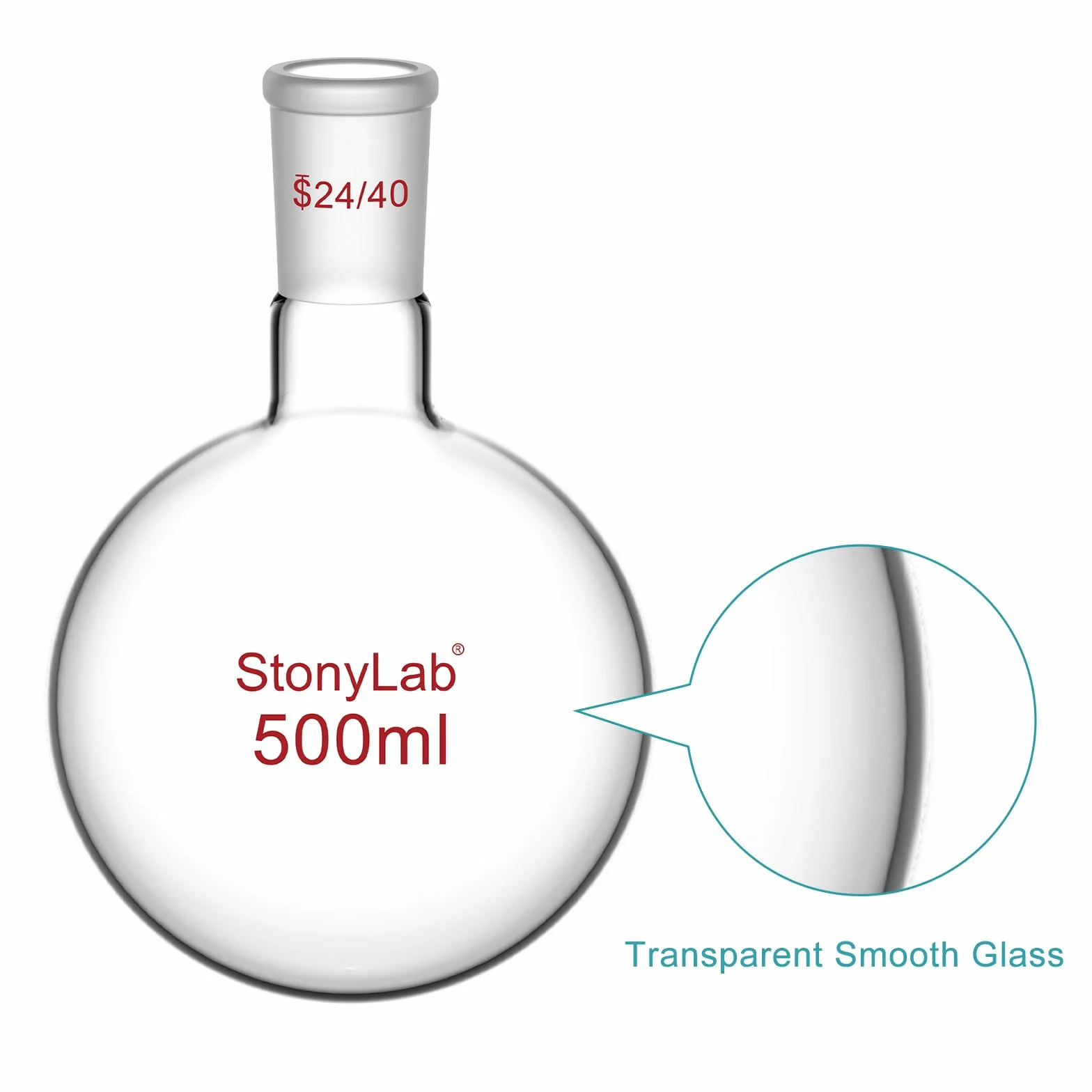 StonyLab 500ml Frasco de Vidrio Redondo con Fondo Redondo, RBF, Junta Exterior Cono Estándar 24/40