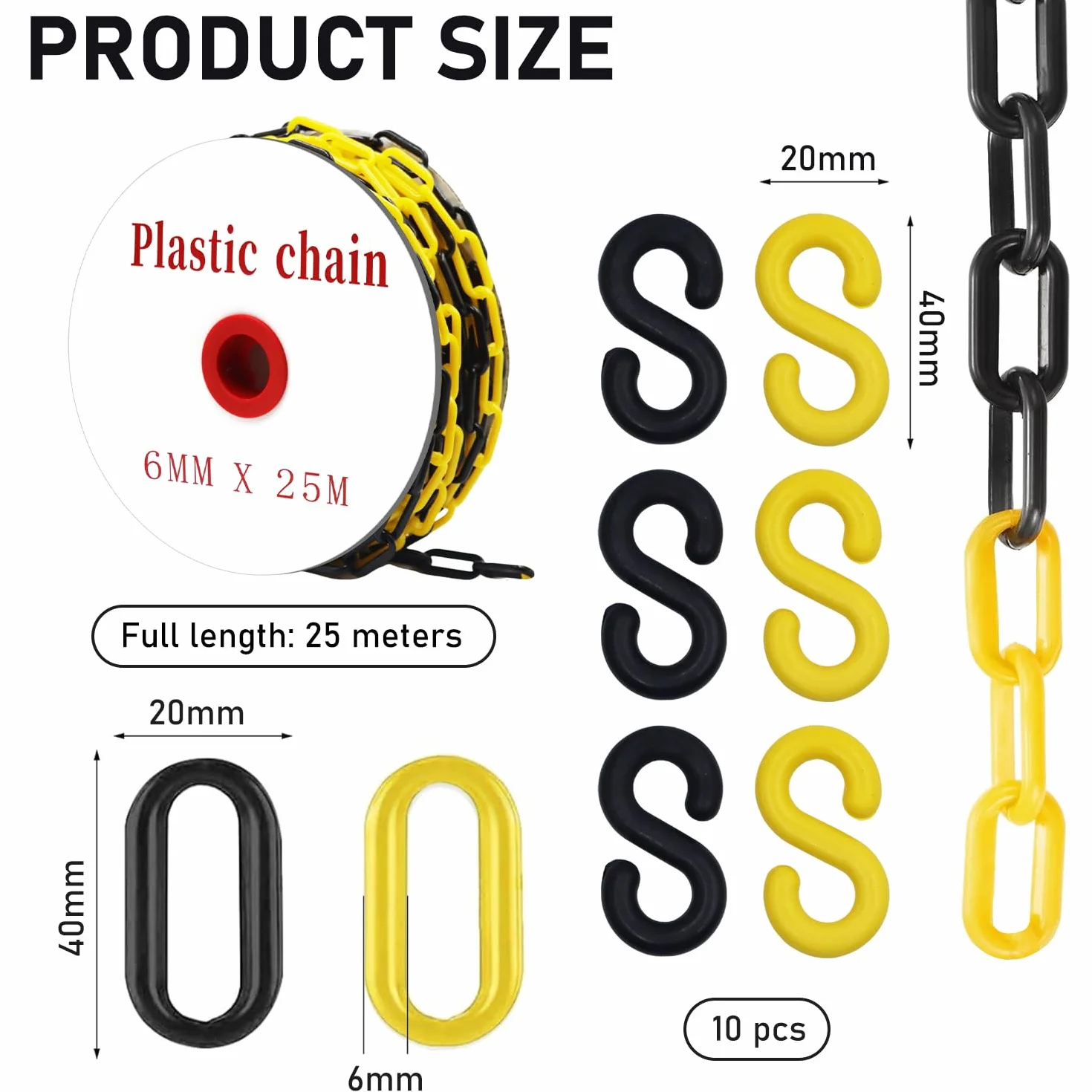Cadena de Plástico Barrera Ø6mm Negro y Amarillo 25m con 10 Ganchos en S
