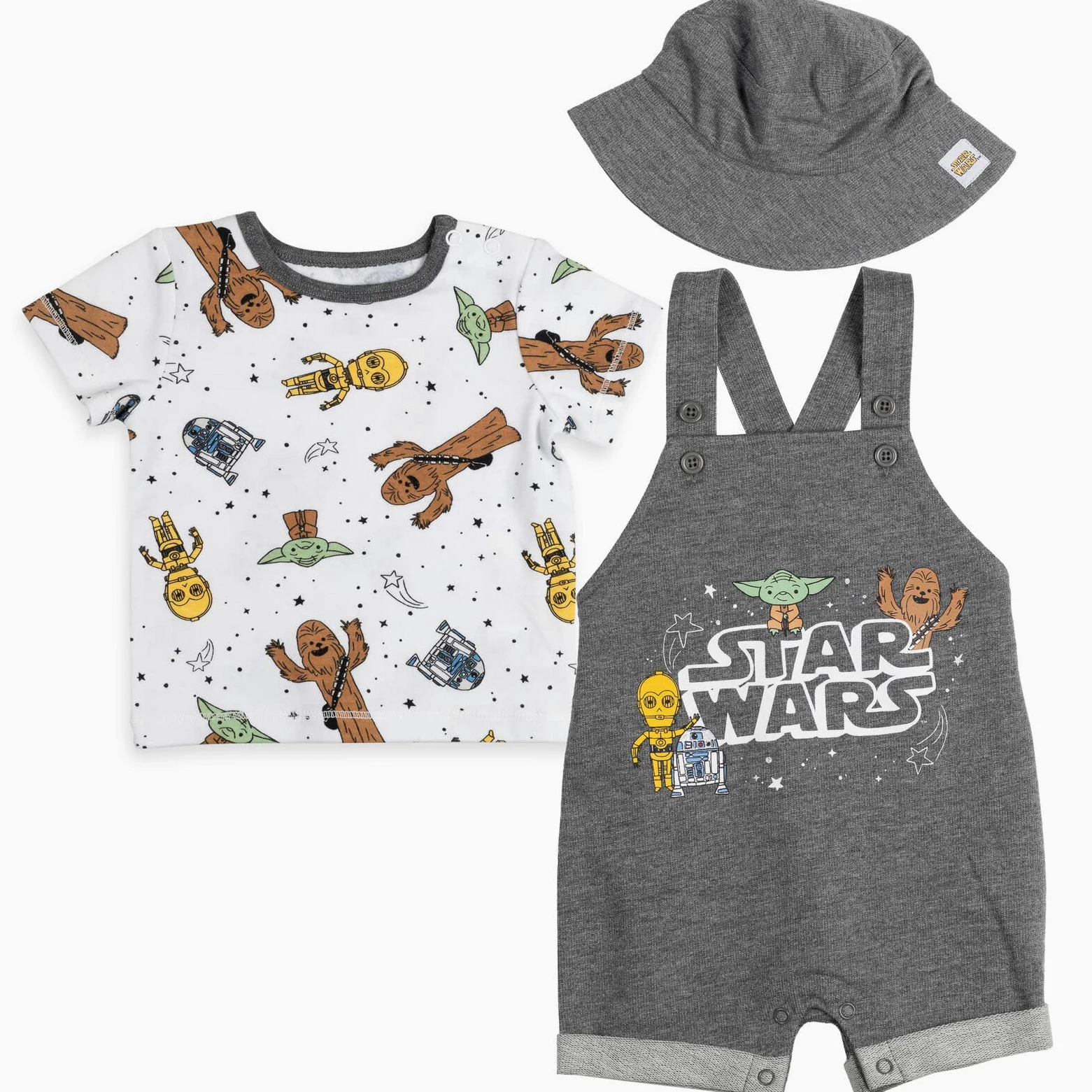 Star Wars Yoda And Friends Baby Boys 3 Piece Set: Short Overalls T-Shirt Hat 0-3 Months