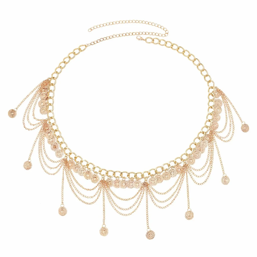 Cadenas de cuerpo,Cinturones para mujer,Accesorio de cadena para cintura para danza del vientre con colgante de borla, longitud de cadena 70 cm + cadena alargadora 30 cm (oro)