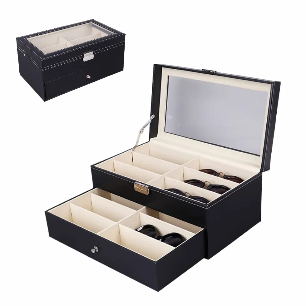 MAGIC SELECT Caja para Gafas con 8-12-18 Compartimentos, Estuche con Tapa de Cristal Transparente, Cierre con Llave, Cajón y Forro Interior, Polipiel