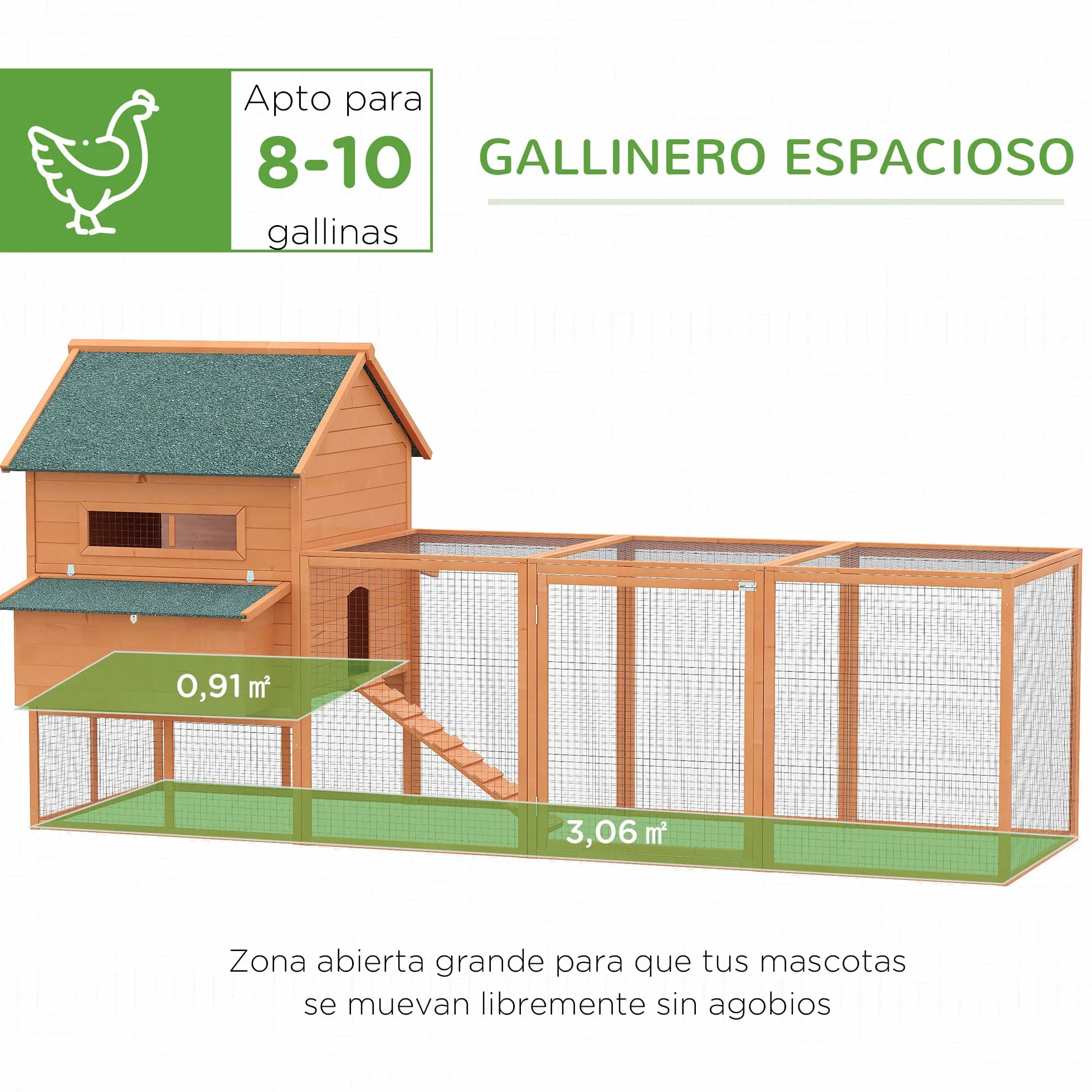 PawHut Gallinero de Madera Grande Exterior 347x160x150 cm para 4-6 Gallinas con 2 Nidos, Corral, Techo Asfáltico
