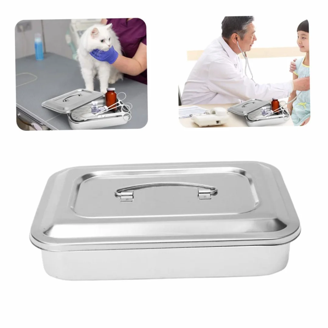 Organizador de bandeja de instrumentos dentales de acero inoxidable con tapa y asa