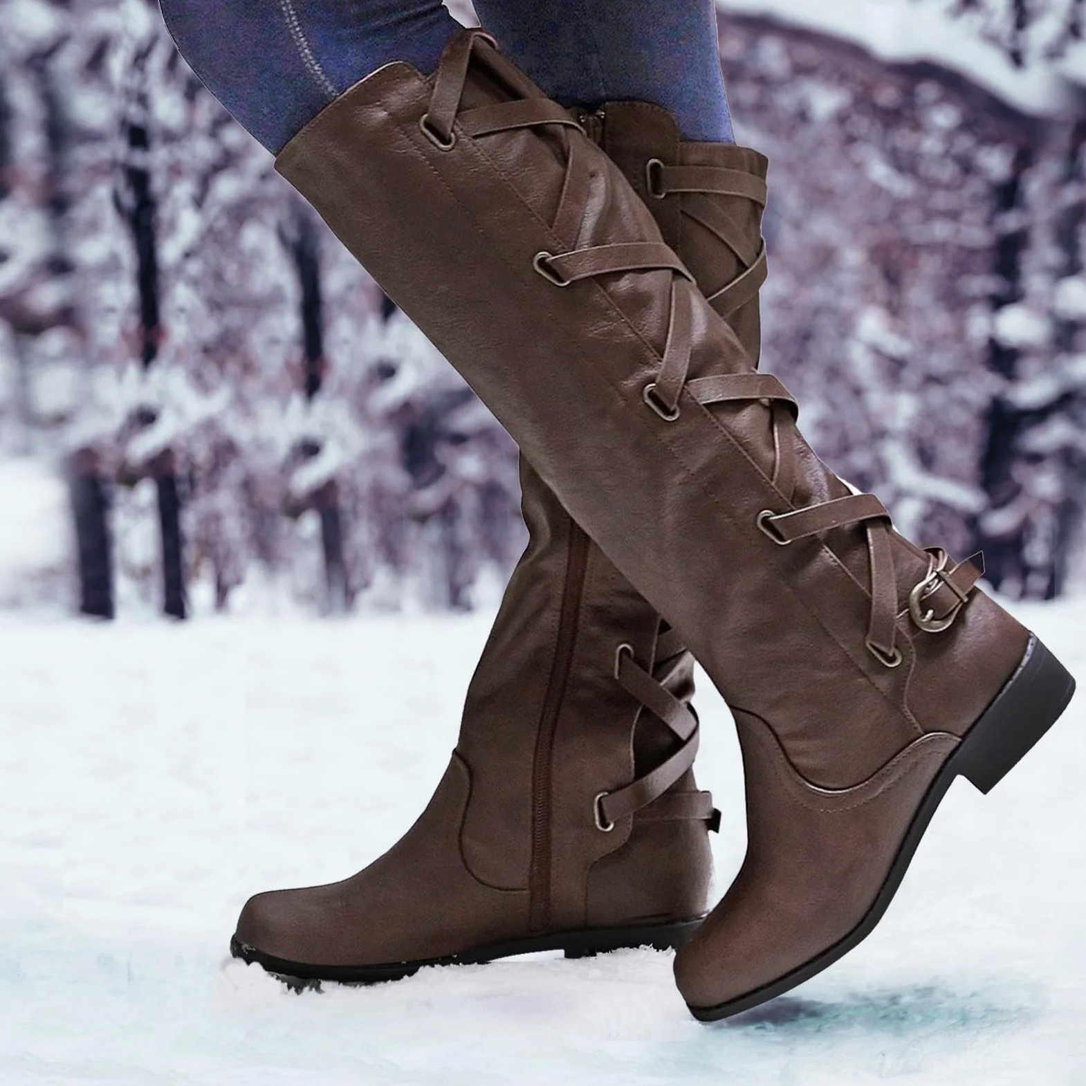 Botas hasta la Rodilla con Cordones para Mujer Botas de Nieve cálidas de Invierno Botas de Montar de Cuero para Mujer Botas de Tobillo Planas con Hebilla de cinturón para Mujer con Cremallera Lateral