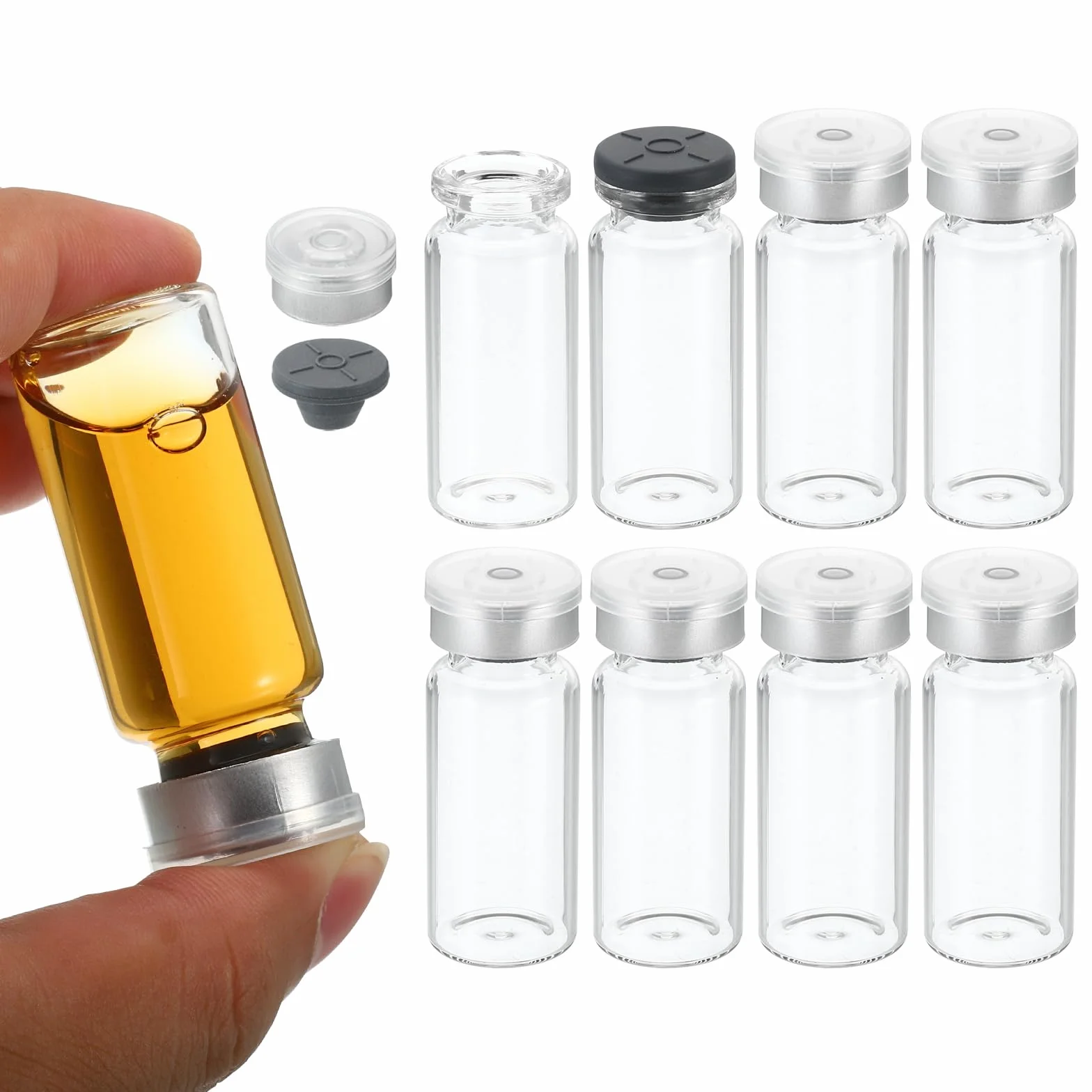 PATIKIL 10ml Muestra Viales, 8 Paquete Laboratorio Vacíos Viales con Butilo Goma Tapón y Engarzado Superior Tapas Borosilicato Vidrio Vial, Transparente