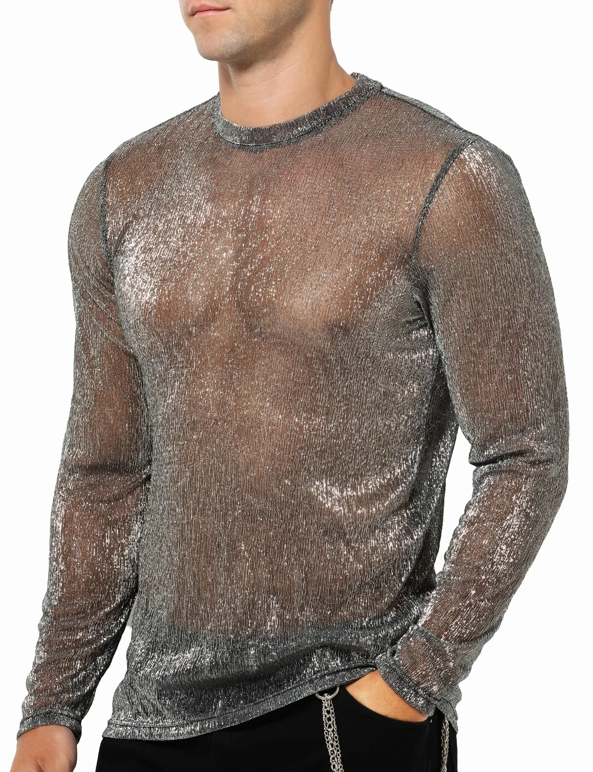Casey Kevin Camiseta Transparentes Manga Larga Hombre Brillo Lentejuelas Rejilla Camisa Fiesta Plateada Brillante Ropa Sexy Top Fiesta Discoteca Punk Nocturno Jazz Rock Hip Hop Dance Clubwear