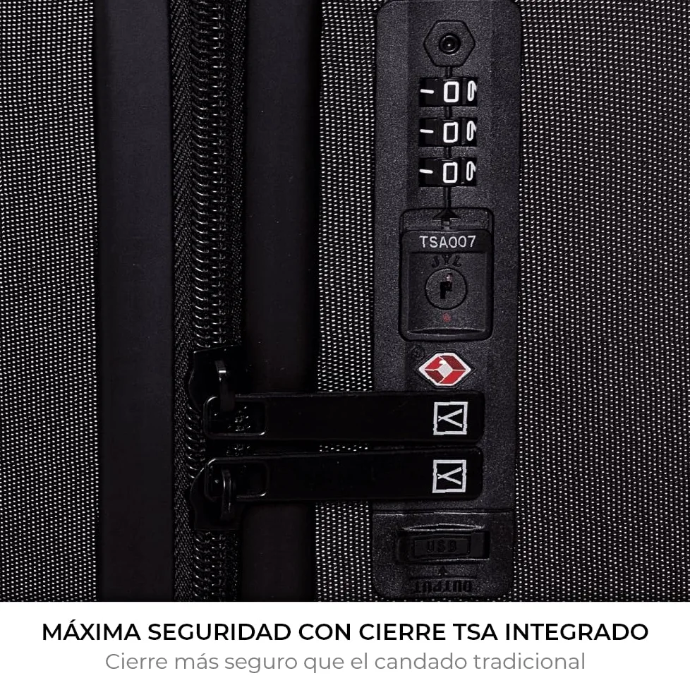 NUMADA - Maleta de Viaje Cabina PC + ABS (56x37,5x22cm) PackPro T40 con Cierre TSA y Carga USB. Maleta de Mano Rígida con 4 Ruedas 360, Extra de Refuerzo y Múltiples Compartimentos Interiores | Negro