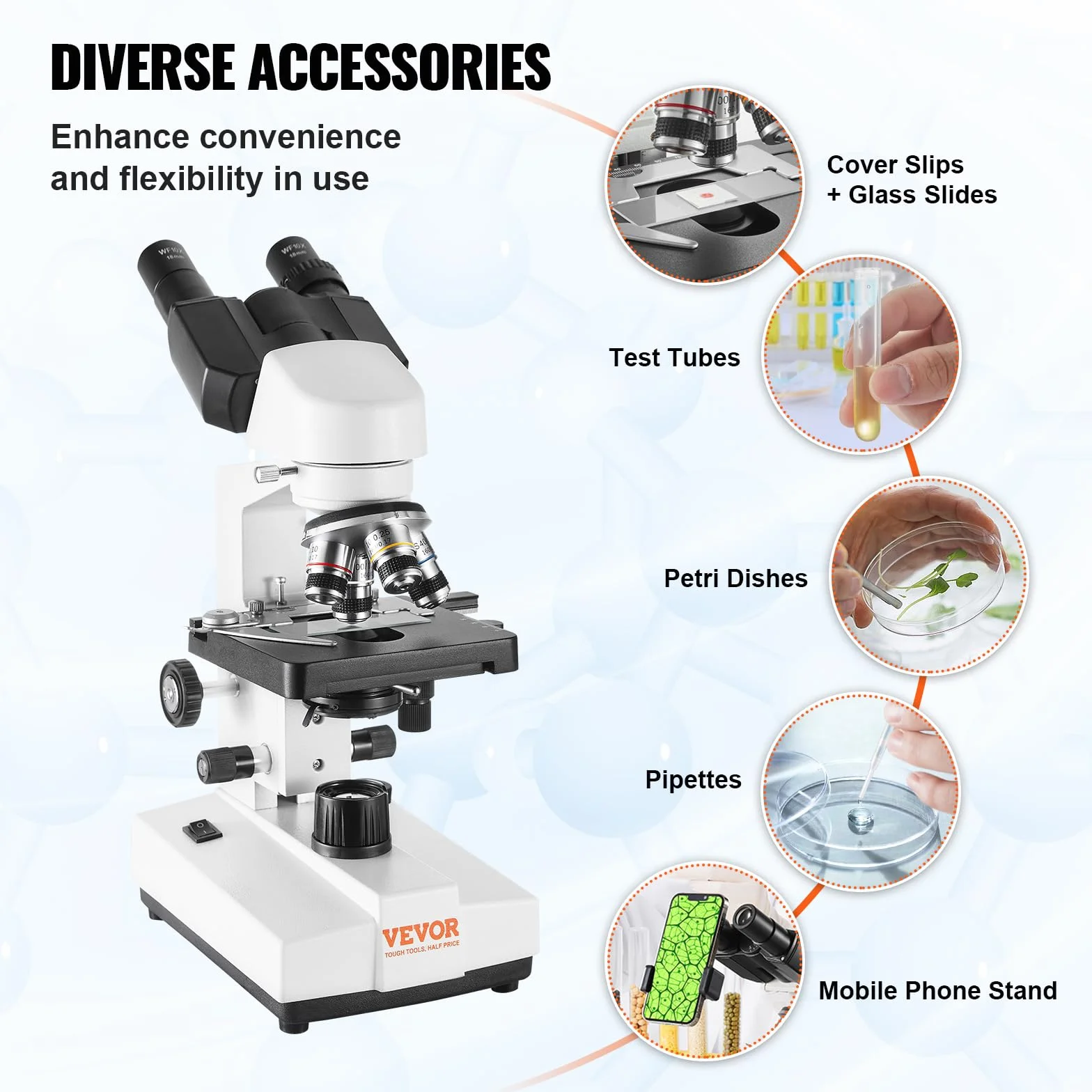 VEVOR Microscopio Compuesto Binocular 40X-2500X 6 Configuraciones Biológico Enfoque Grueso y Fino Etapa 2 Capas