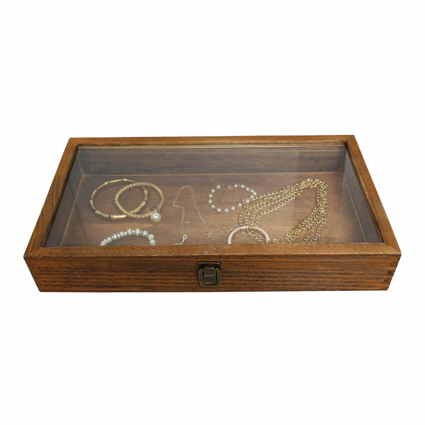 Mooca - Caja de exhibición de joyería de Madera Lavada con Tapa Superior de Vidrio Templado, 15 Pulgadas x 8.5 Pulgadas x 2 7/8 Pulgadas de Alto