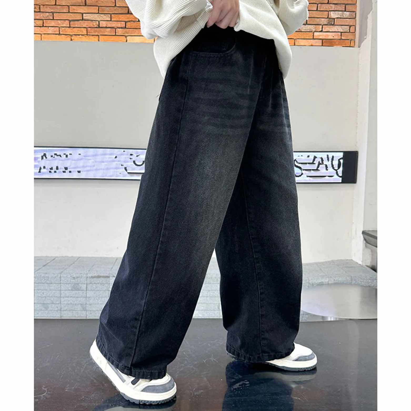 Jeans holgados para niños, cintura elástica, pantalones de mezclilla clásicos rectos de pierna ancha para niños de 6 a 14 años